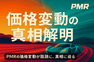 Project Motor Racing の価格推移を示すグラフ風アイキャッチ画像。予約時・発売直後・現在の3段階の価格変動を表すデザイン。