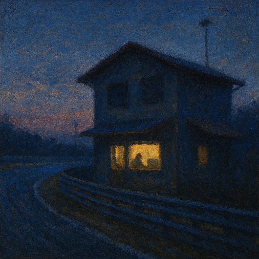 まだ薄暗い夜明けのサーキットのほとりに見える小さな開発事務所。