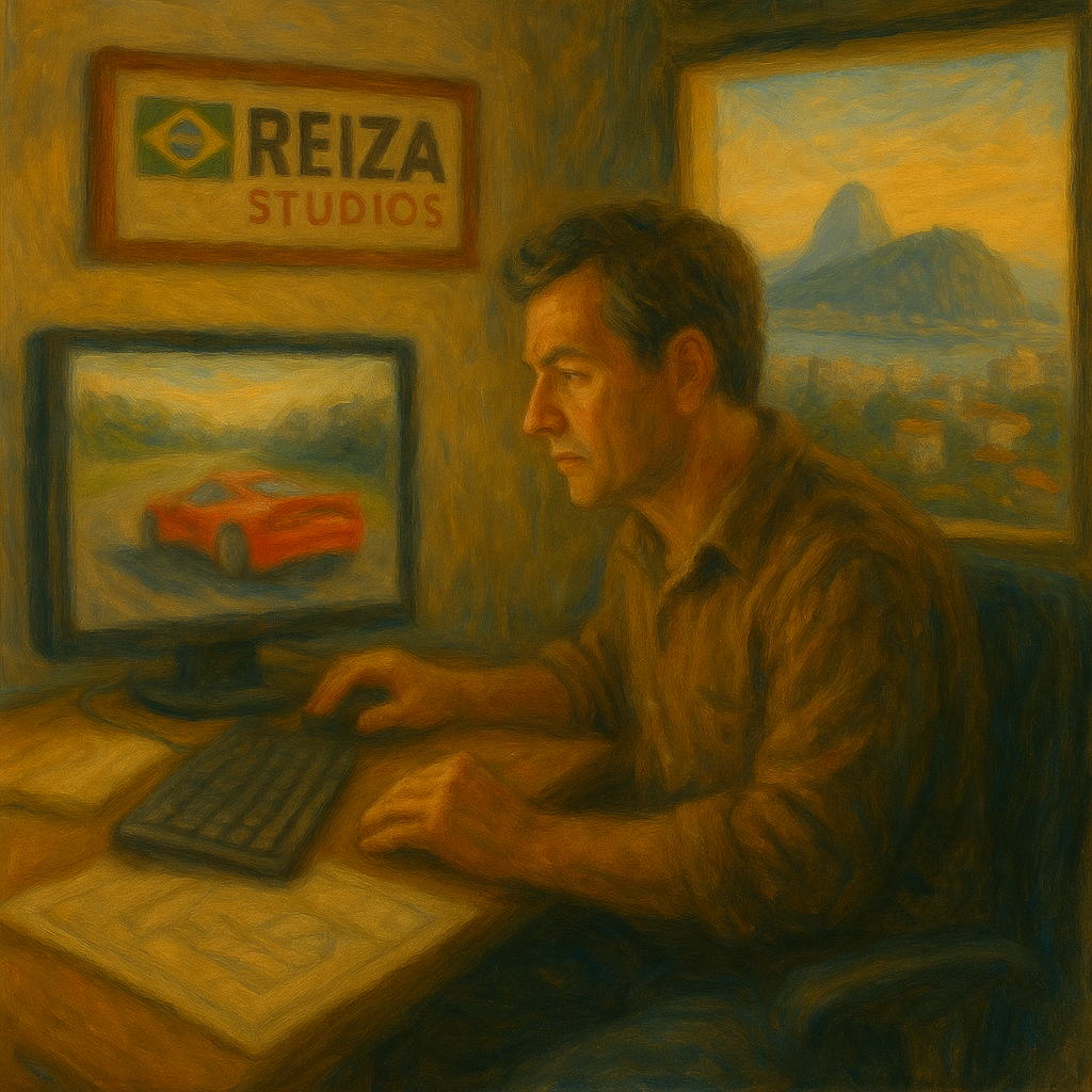 ブラジルの小さなオフィスで働く開発者たちを描いた印象派風の油絵。南国の光が差し込む中、複数の開発者が真剣にモニターへ向かい、壁にはレーストラックの設計図やAutomobilistaのポスターが飾られている。Reiza Studiosの職人気質な情熱を象徴する。