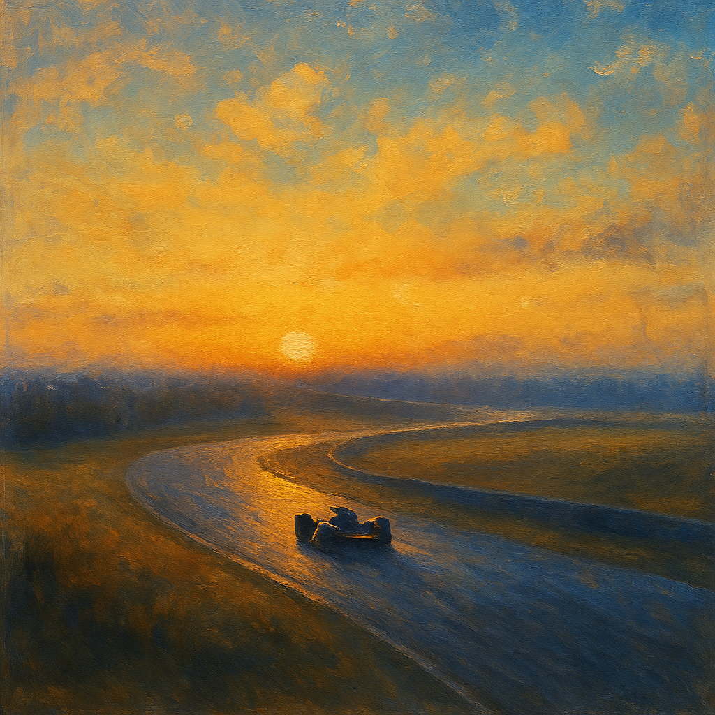 夜明けのサーキットを走る一台の車を描いた油絵風イラスト