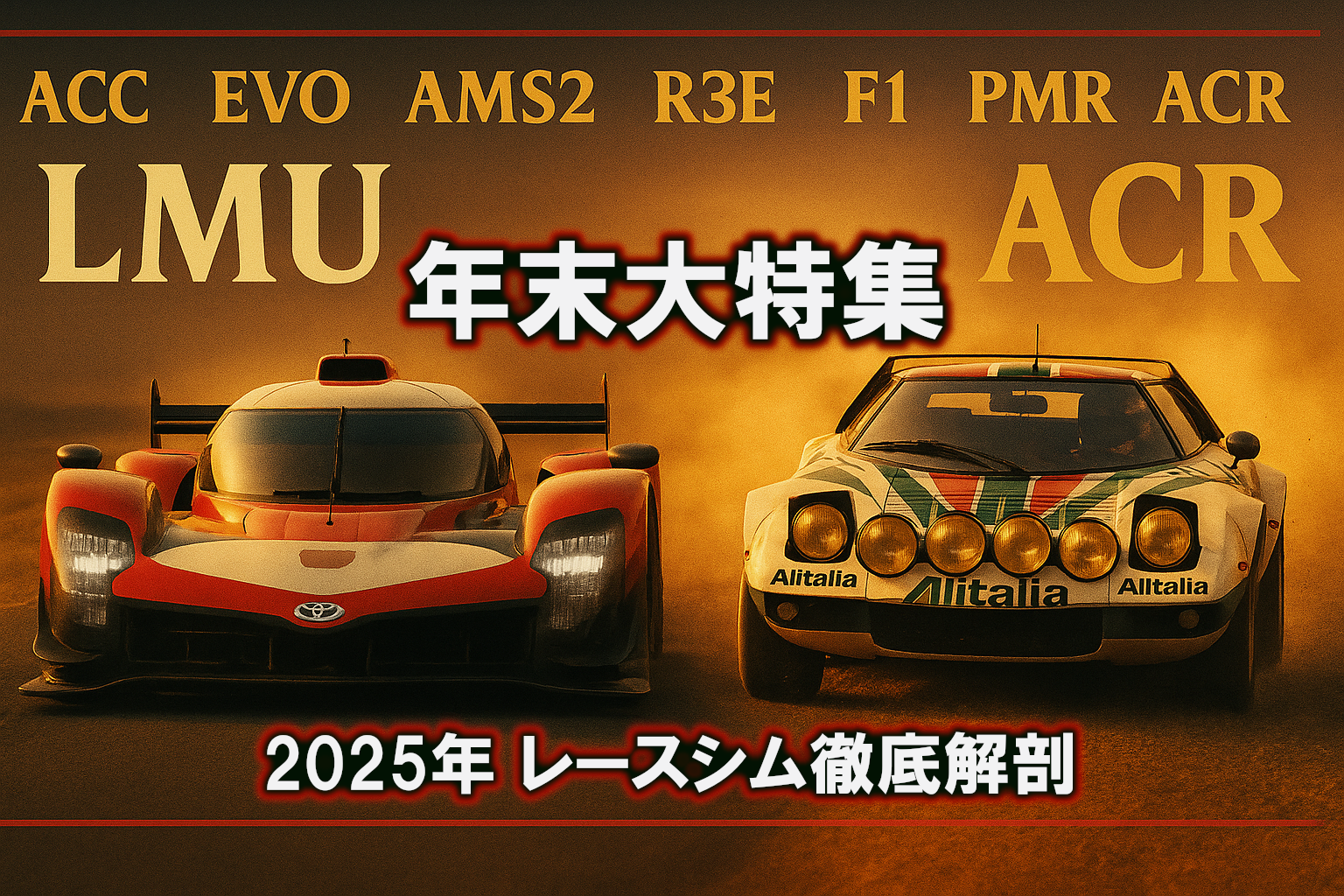 2025年レースシム界の年末大特集を飾るアイキャッチ画像。ハイパーカーとラリーカーが向かい合い、主要タイトルの略称が並ぶデザイン。