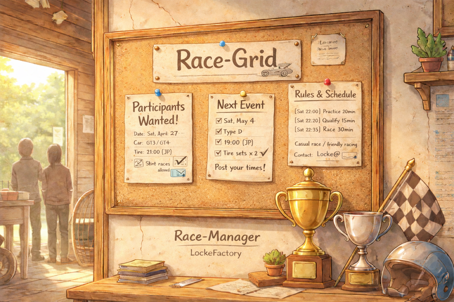 冒険者ギルドのような室内に、木製の掲示板でレース募集。