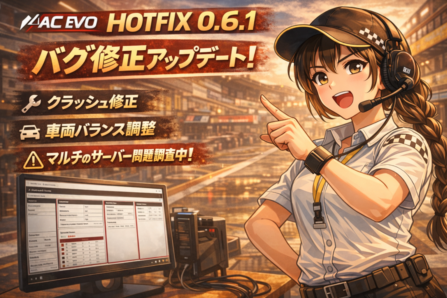 Assetto Corsa EVO Hotfix 0.6.1 のバグ修正アップデートを案内するアイキャッチ画像