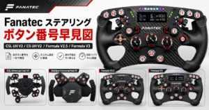 Fanatecステアリングのボタン番号早見図。CSL Universal Hub V2、ClubSport Universal Hub V2、Formula V2.5、Formula V3のボタン配置をまとめたアイキャッチ画像。
