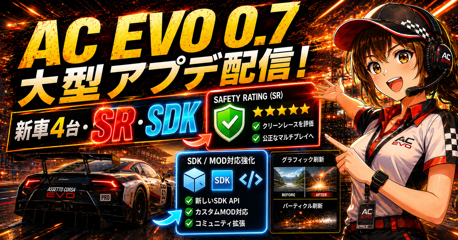 Assetto Corsa EVO 0.7の大型アップデートを紹介するアイキャッチ画像。新車4台、Safety Rating（SR）、SDK、グラフィック刷新を強調したデザイン。